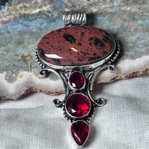 Hand Crafted Mahogany Obsidian Pendant with Deep Red Corundum Accents Silver